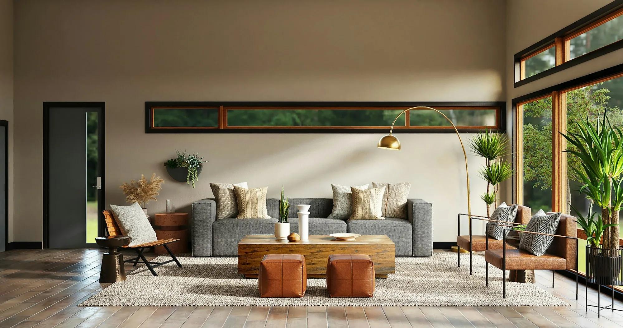 Salón de una vivienda con sofá gris, mesa de madera y luz natural