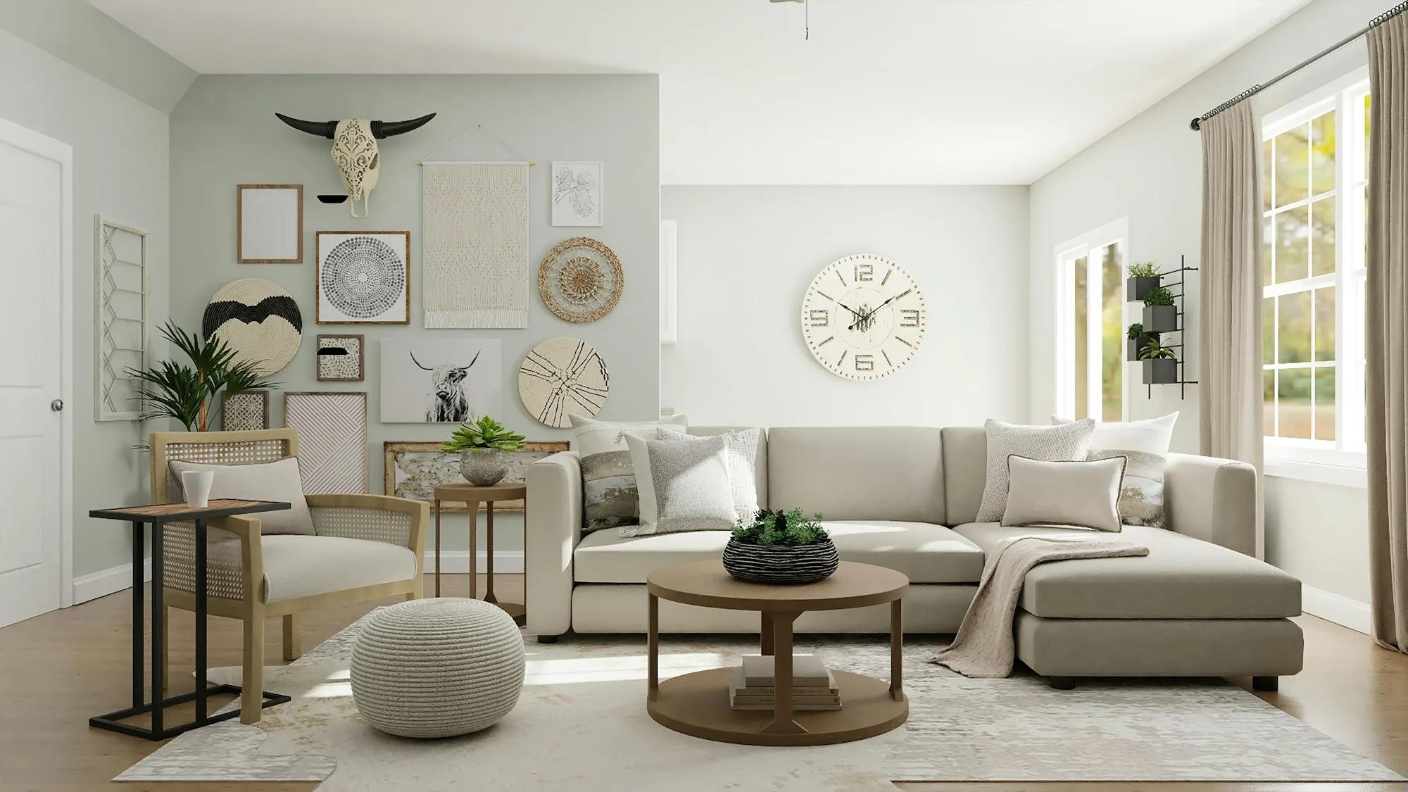 Salón luminoso de una vivienda con sofá claro y decoración natural
